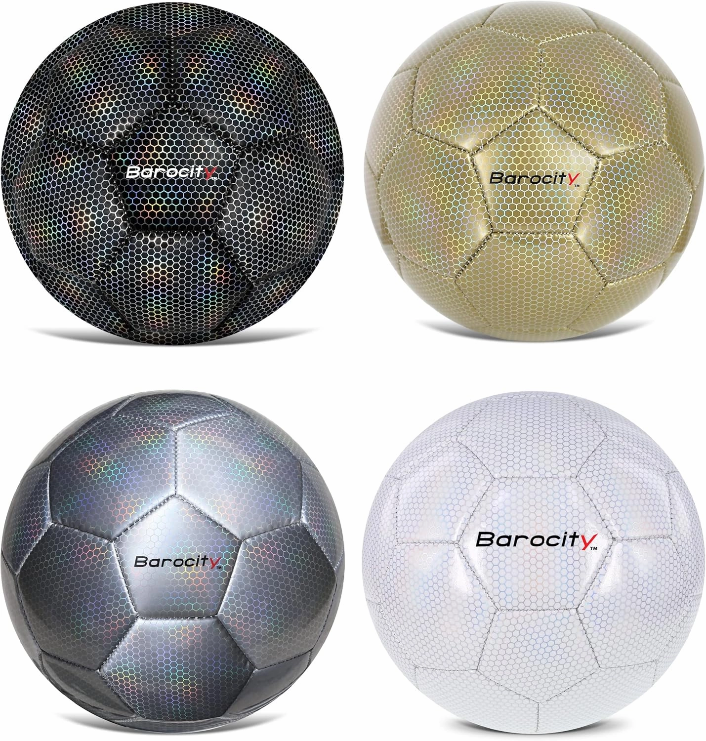 Iridescent Soccer Balls Set of 4 – Official Match Ball with Reflective Hex Pattern, Sport Soccer Balls for Indoor and Outdoor Training and Practice Games