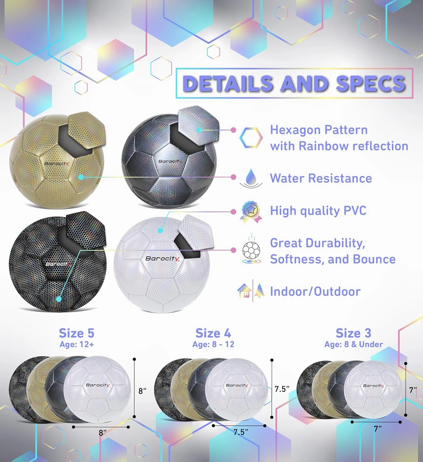 Iridescent Soccer Balls Set of 4 – Official Match Ball with Reflective Hex Pattern, Sport Soccer Balls for Indoor and Outdoor Training and Practice Games