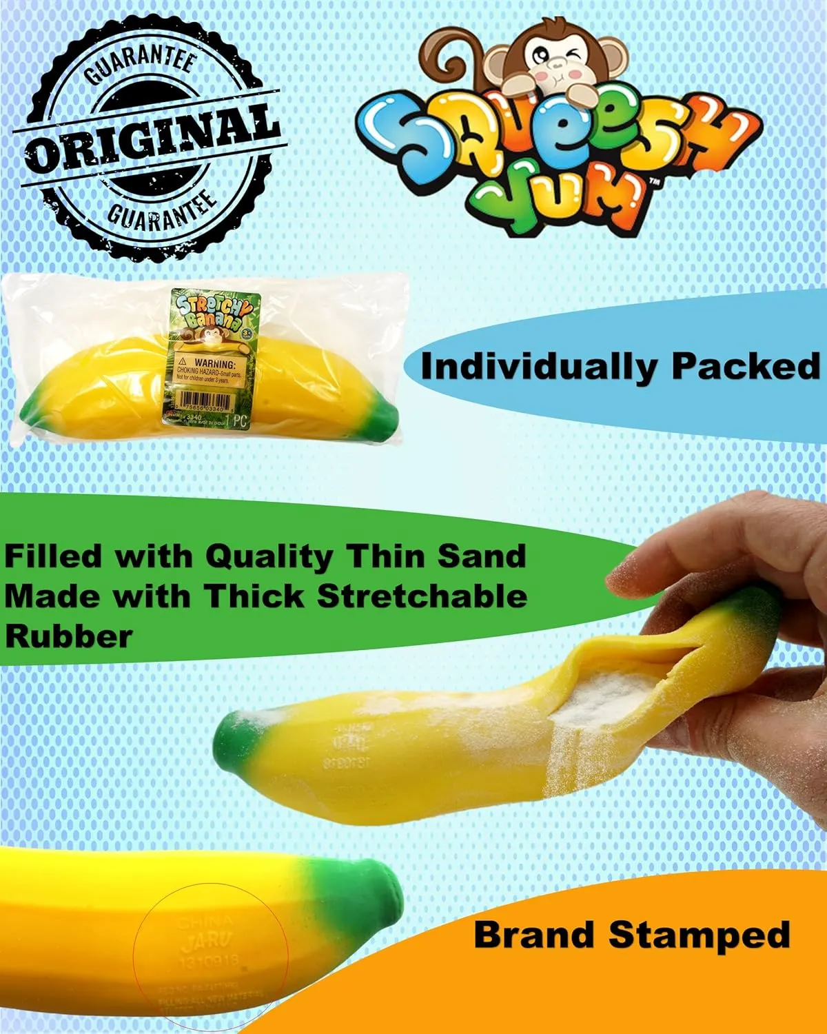 JA-RU Stretchy Banana Toy (4 Fidget Toy Pack) Slow Rising Squishy Fake Banana for Kids. Sand Filled Stress Relief Toy. Gag Gift. Fruit Themed Party Supplies. 3340-4p