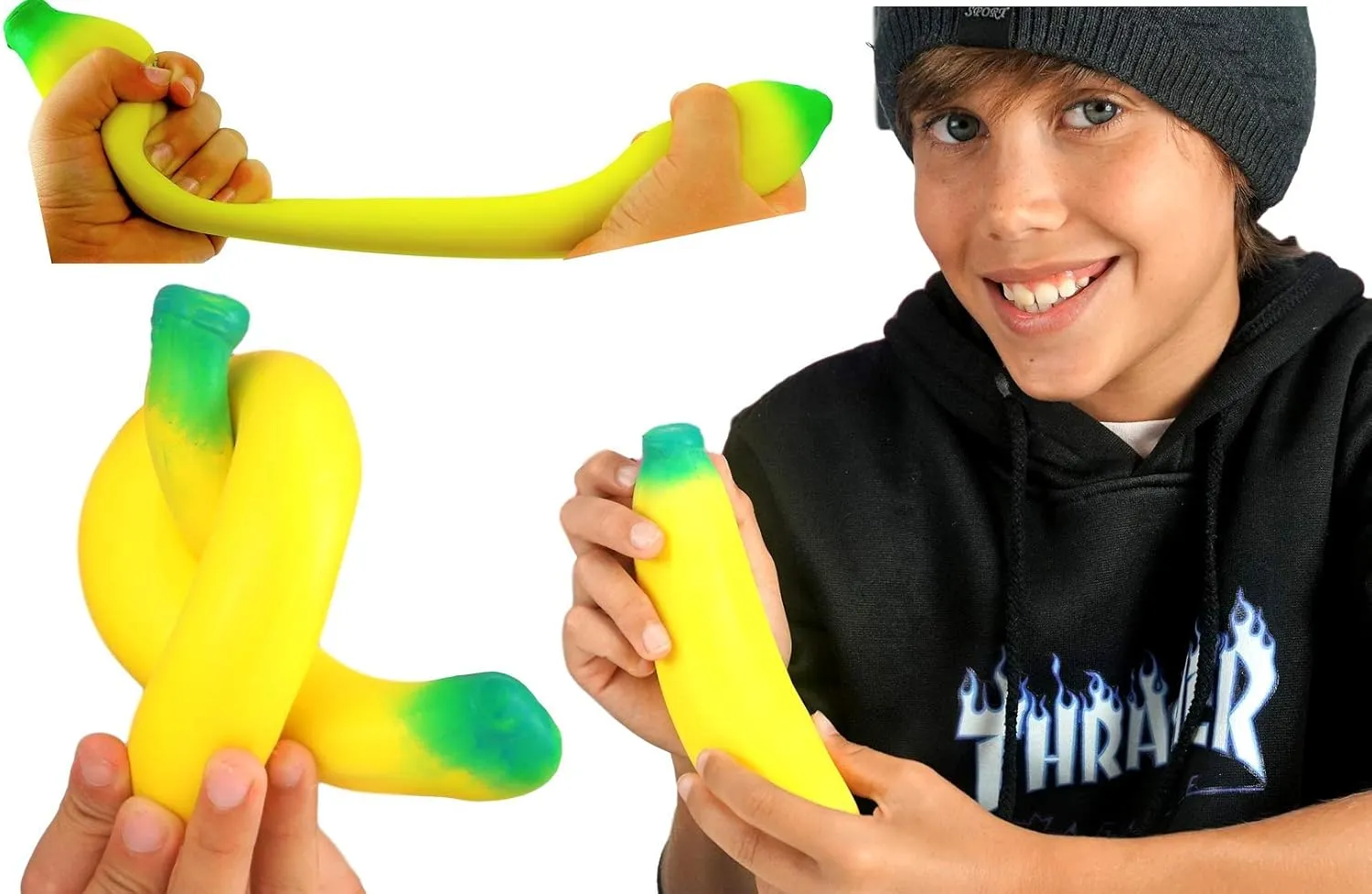 JA-RU Stretchy Banana Toy (4 Fidget Toy Pack) Slow Rising Squishy Fake Banana for Kids. Sand Filled Stress Relief Toy. Gag Gift. Fruit Themed Party Supplies. 3340-4p