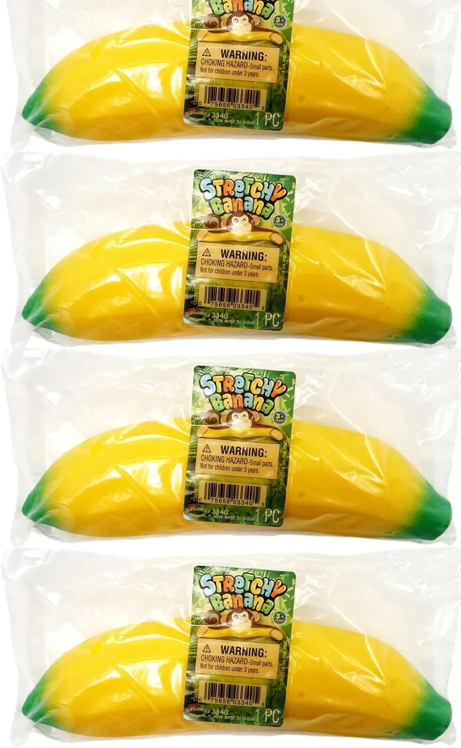 JA-RU Stretchy Banana Toy (4 Fidget Toy Pack) Slow Rising Squishy Fake Banana for Kids. Sand Filled Stress Relief Toy. Gag Gift. Fruit Themed Party Supplies. 3340-4p