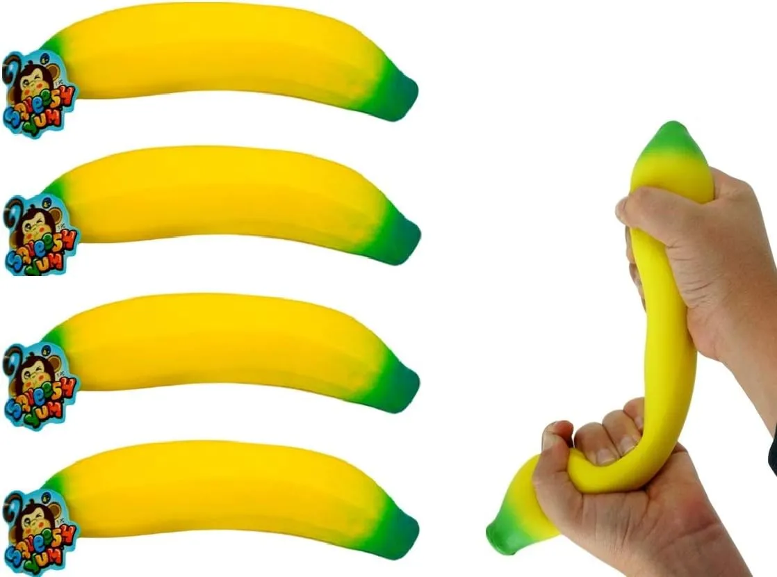 JA-RU Stretchy Banana Toy (4 Fidget Toy Pack) Slow Rising Squishy Fake Banana for Kids. Sand Filled Stress Relief Toy. Gag Gift. Fruit Themed Party Supplies. 3340-4p