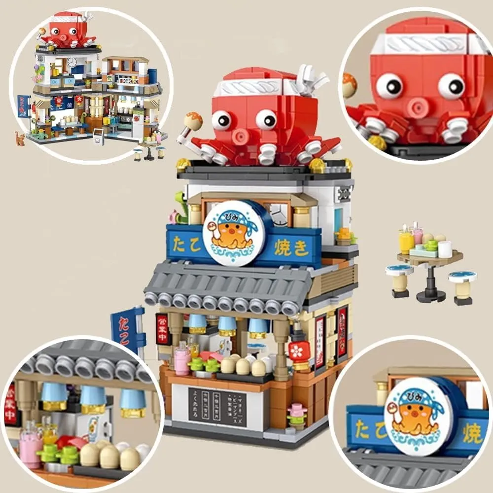 Japanese Street View Takoyaki Shop Mini Building Blocks, Mini Bricks Building Block Set Toys，Fun and Exciting Toy for Kids and Adults(772PCS)
