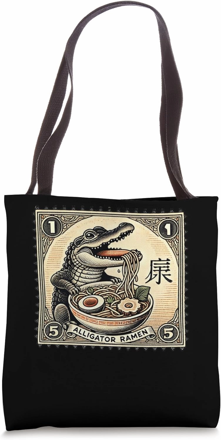 Japanese Art Noodles Postage Stamp Wildlife Alligator Ramen Tote Bag