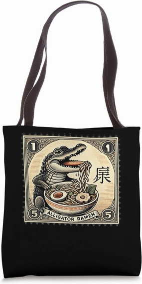 Japanese Art Noodles Postage Stamp Wildlife Alligator Ramen Tote Bag