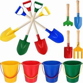 Jexine 12 Pcs Sand Buckets and Shovels for Kids Beach Sand Toys Bulk 12 Plastic Beach Buckets and 12 22 Inches Gardening Shovel with Wooden Handle Summer Toys for Boys and Girls, 4 Colors