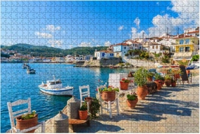 Jigsaw Puzzles 500 Pieces for Adults Kids - Flower pots View Fishing Boats anchoring Kokkari Bay Samos Island Large Puzzles Pieces Fit Together Educational Intellectual Fun Game