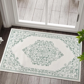 jinchan Area Rug 2x3 Entryway Vintage Washable Rug Floral Medallion Carpet Indoor Ultra-Thin Non Slip Small Door Mat Soft Boho Floor Carpet for Bathroom Kitchen Living Room Bedroom Green On Cream