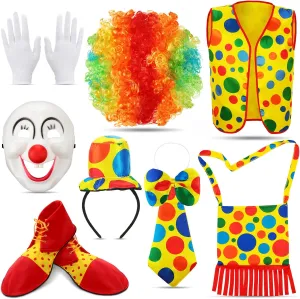 Jinei 10 Pack Halloween Circus Costume for Women - Rainbow Clown Wig, Mask, Vest, Hat, Headband, Shoes, Bow Tie, Shoulder Bag, White Gloves - Accessory for Carnival, Mardi Gras, Cosplay