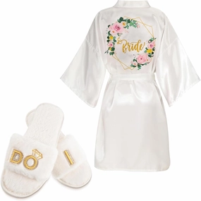 Jiuguva 3 Pcs Bride Robe and Slippers Bridesmaid Satin Bridal Shower Gift for Wedding Day Bachelorette Party M Style