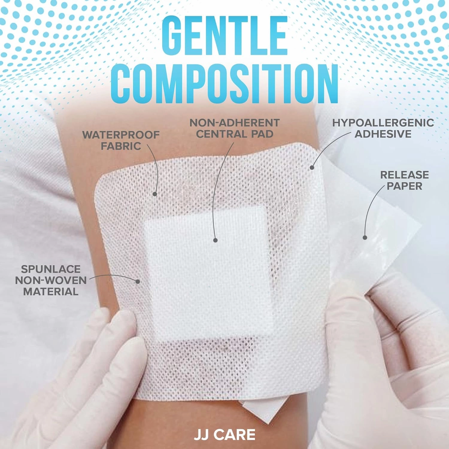 JJ CARE Waterproof Adhesive Island Dressing [Pack of 50], 4" x 4" Sterile Bordered Gauze, Breathable Island Wound Dressing, Individually Wrapped Adhesive Gauze Bandages with Non-Stick Central Pad