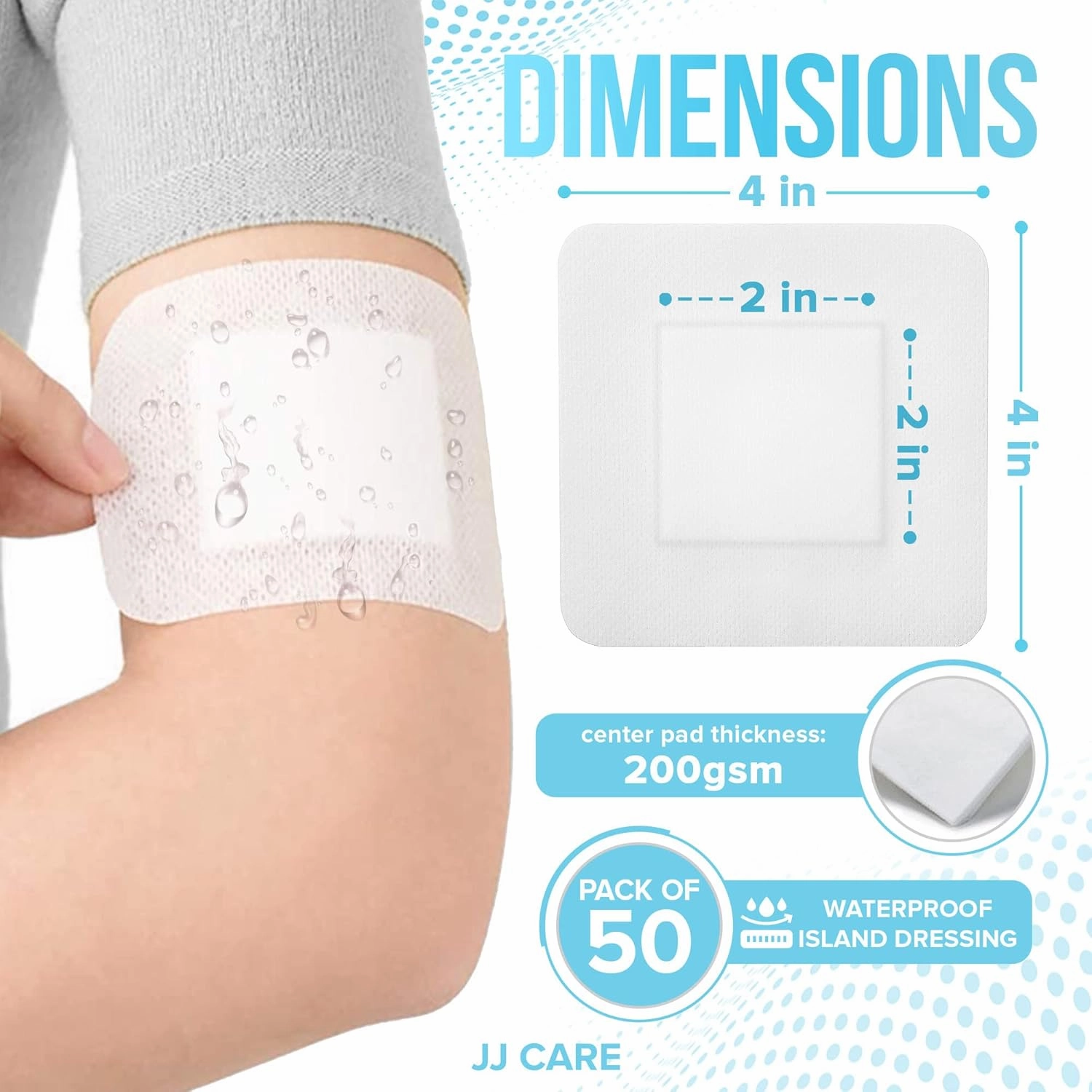 JJ CARE Waterproof Adhesive Island Dressing [Pack of 50], 4" x 4" Sterile Bordered Gauze, Breathable Island Wound Dressing, Individually Wrapped Adhesive Gauze Bandages with Non-Stick Central Pad
