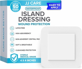 JJ CARE Waterproof Adhesive Island Dressing [Pack of 50], 4" x 4" Sterile Bordered Gauze, Breathable Island Wound Dressing, Individually Wrapped Adhesive Gauze Bandages with Non-Stick Central Pad