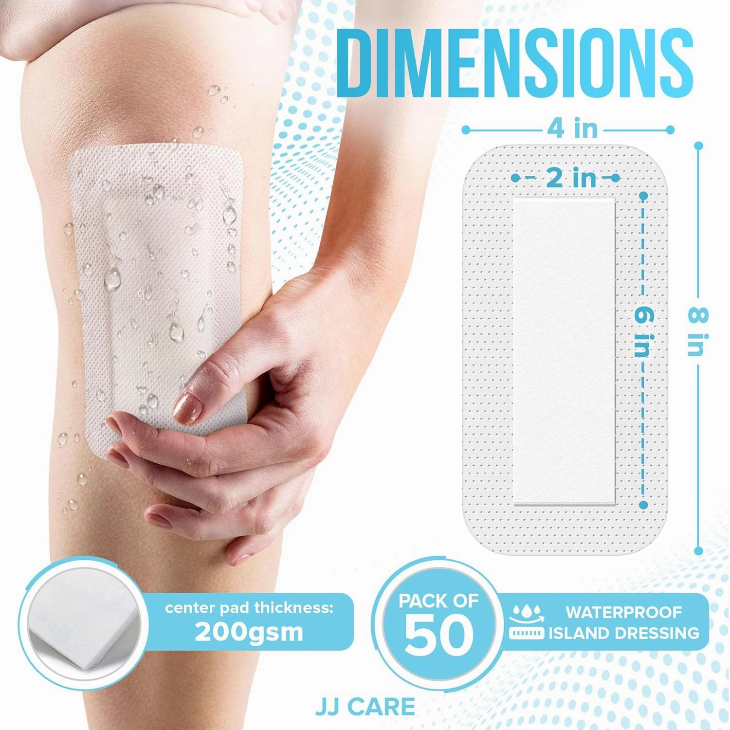 JJ CARE Waterproof Adhesive Island Dressing [Pack of 50], 4” x 8” Sterile Bordered Gauze, Breathable Island Wound Dressing, Individually Wrapped Adhesive Gauze Bandages with Non-Stick Central Pad