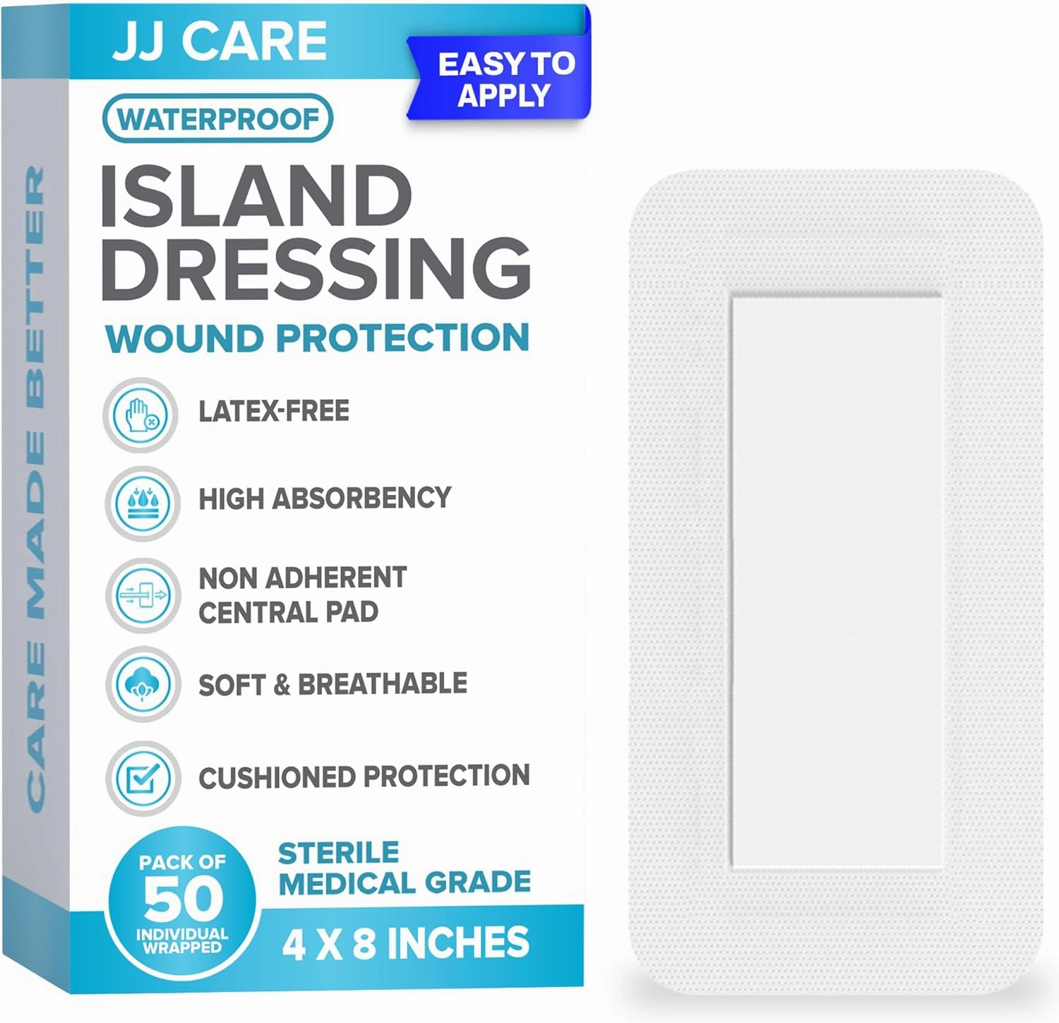 JJ CARE Waterproof Adhesive Island Dressing [Pack of 50], 4” x 8” Sterile Bordered Gauze, Breathable Island Wound Dressing, Individually Wrapped Adhesive Gauze Bandages with Non-Stick Central Pad
