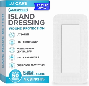 JJ CARE Waterproof Adhesive Island Dressing [Pack of 50], 4” x 8” Sterile Bordered Gauze, Breathable Island Wound Dressing, Individually Wrapped Adhesive Gauze Bandages with Non-Stick Central Pad