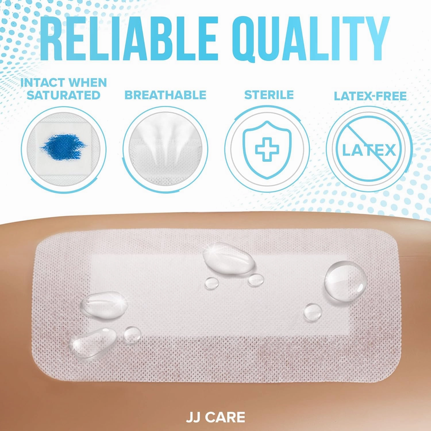 JJ CARE Waterproof Adhesive Island Dressing [Pack of 50], 4” x 8” Sterile Bordered Gauze, Breathable Island Wound Dressing, Individually Wrapped Adhesive Gauze Bandages with Non-Stick Central Pad