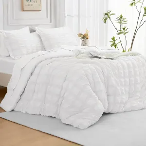 JOLLYVOGUE Queen Comforter Set Seersucker 7 Pieces, White Comforter, Soft Bed in a Bag Queen Size, All Season Bedding Set with Comforter, Flat Sheet, Fitted Sheet, Pillowcases, Pillow Shams
