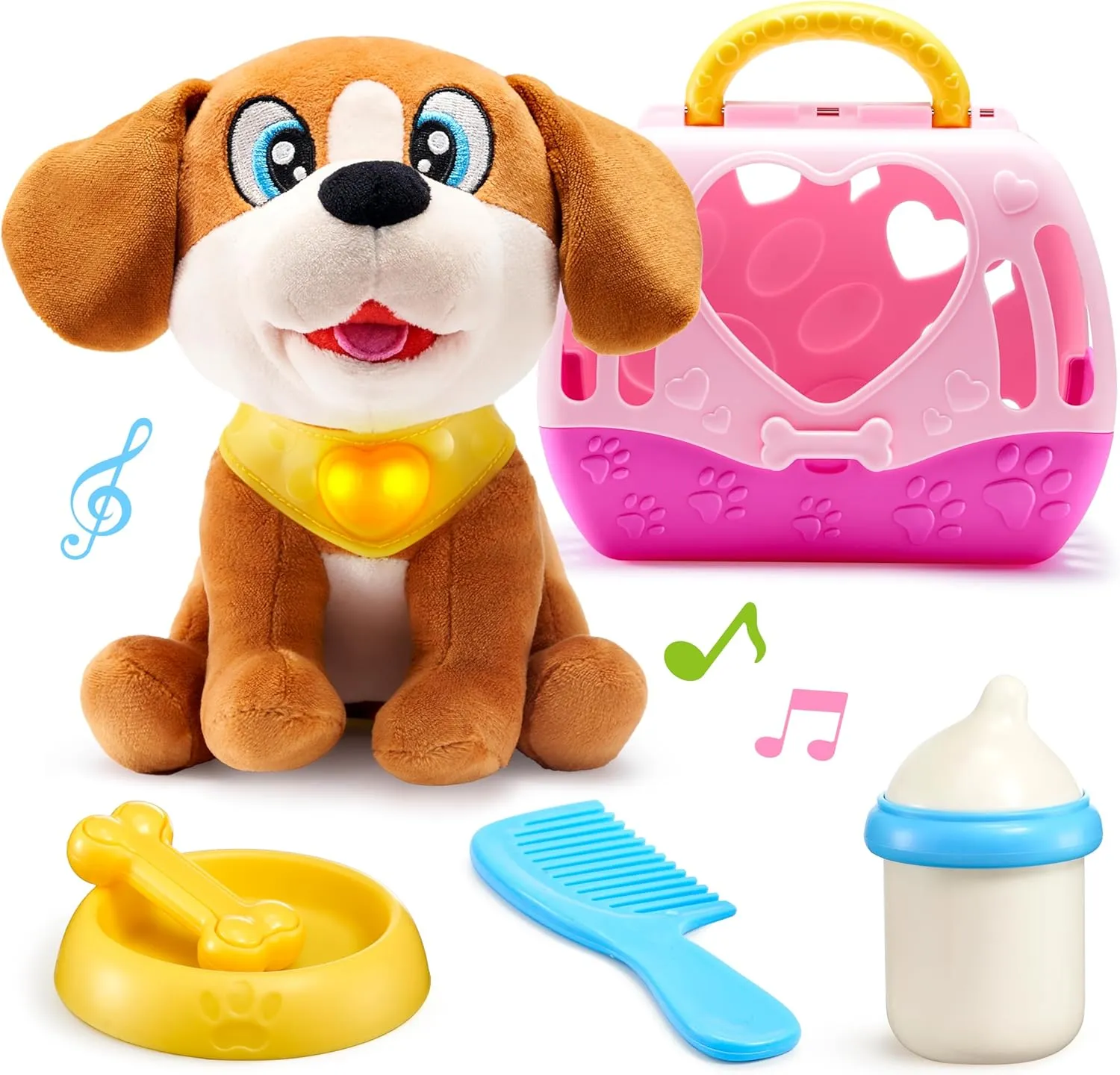 JOYIN Dog Toys for Toddlers, Play Puppy Toy with Carrier & Accessories, Plush Dog with Interactive Button, Lights & Sounds, Pet Care Set for Kids 1 2 3 4 Years Old, Birthday Gifts for Girls