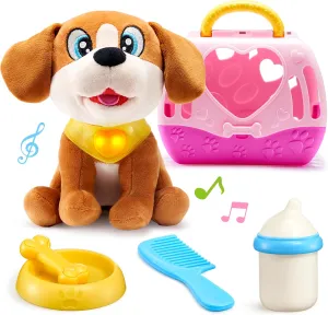 JOYIN Dog Toys for Toddlers, Play Puppy Toy with Carrier & Accessories, Plush Dog with Interactive Button, Lights & Sounds, Pet Care Set for Kids 1 2 3 4 Years Old, Birthday Gifts for Girls