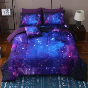JQinHome Queen Galaxy Purple Comforter Sets Blanket,6 Piece Bed in A Bag 3D Outer Space Themed Bedding, All-Season Reversible Quilted Duvet, for Children Boy Girl Teen Kids(Blue Purple)