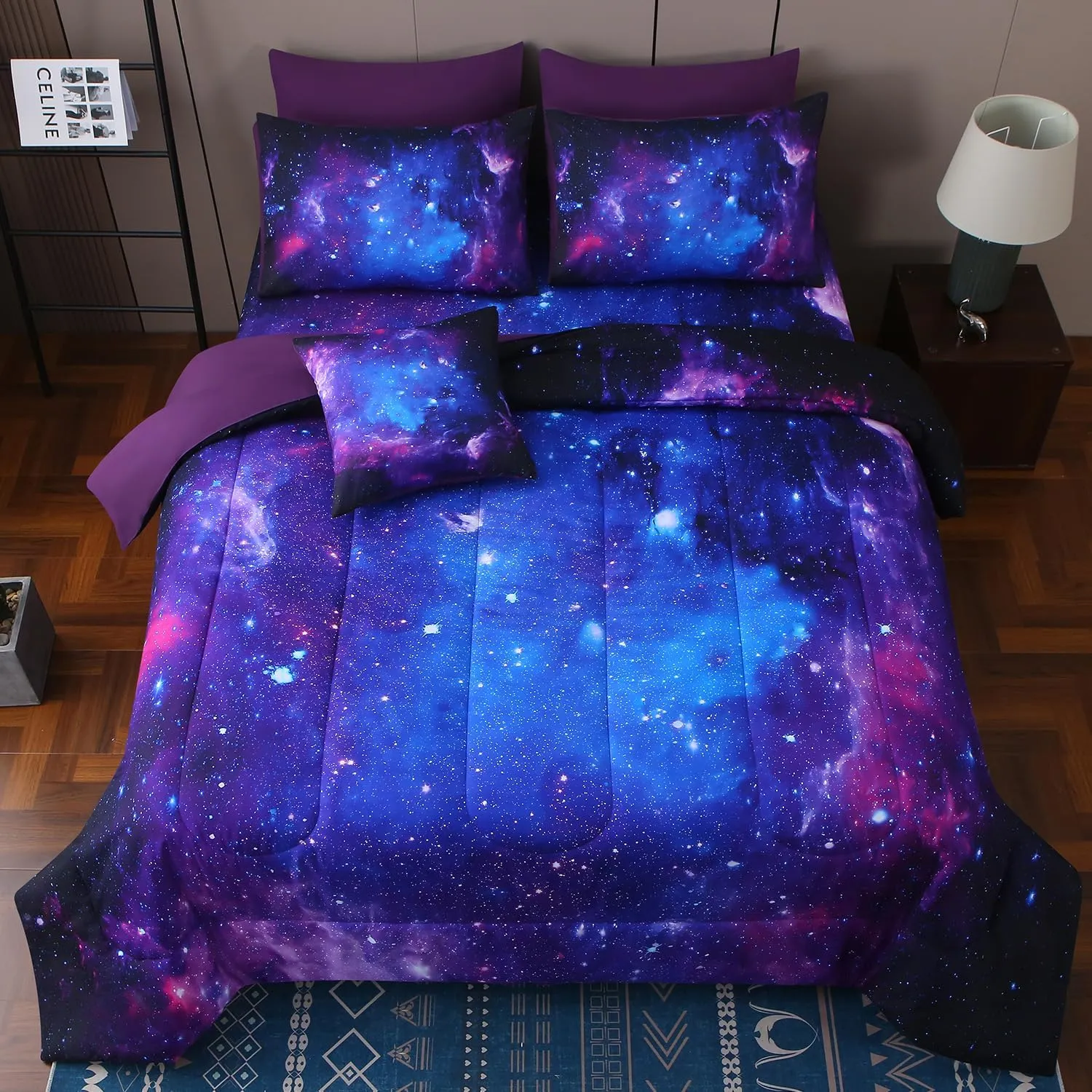JQinHome Queen Galaxy Purple Comforter Sets Blanket,6 Piece Bed in A Bag 3D Outer Space Themed Bedding, All-Season Reversible Quilted Duvet, for Children Boy Girl Teen Kids(Blue Purple)
