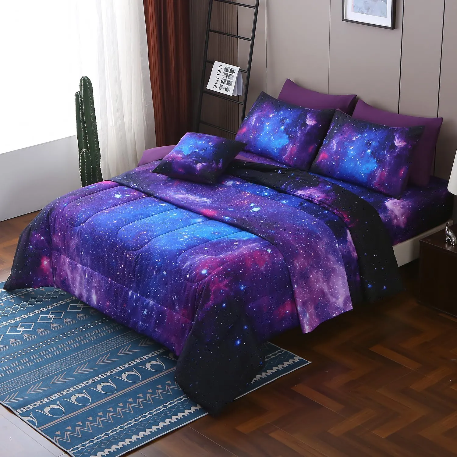 JQinHome Queen Galaxy Purple Comforter Sets Blanket,6 Piece Bed in A Bag 3D Outer Space Themed Bedding, All-Season Reversible Quilted Duvet, for Children Boy Girl Teen Kids(Blue Purple)