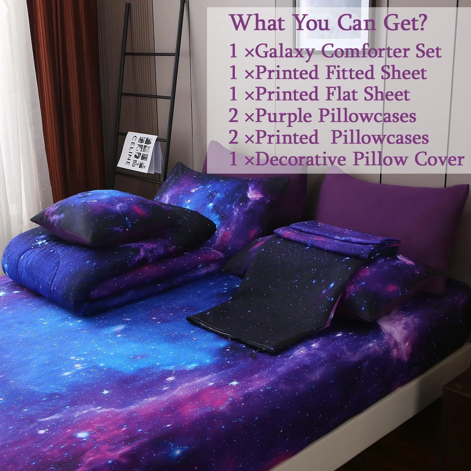JQinHome Queen Galaxy Purple Comforter Sets Blanket,6 Piece Bed in A Bag 3D Outer Space Themed Bedding, All-Season Reversible Quilted Duvet, for Children Boy Girl Teen Kids(Blue Purple)