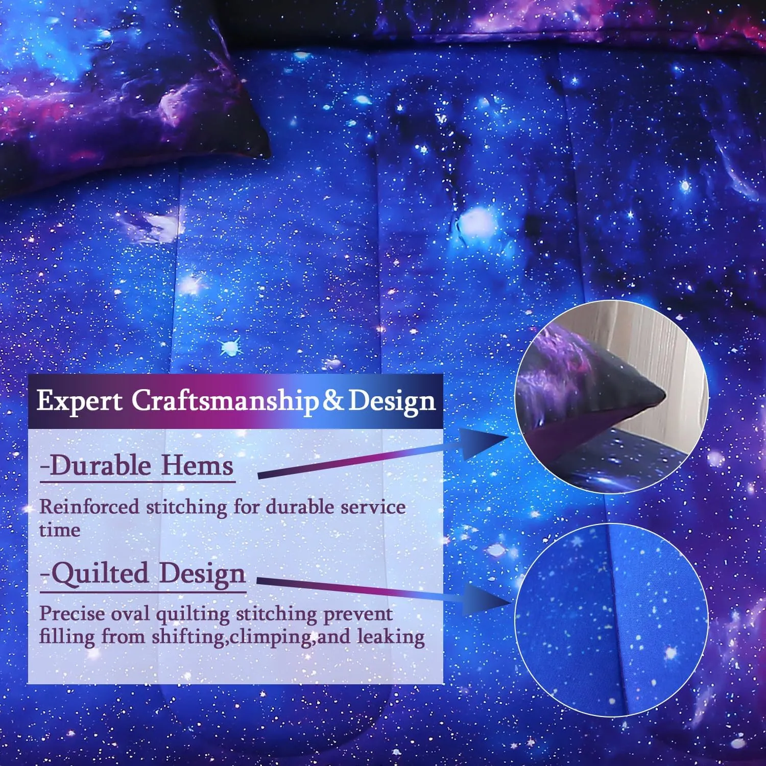 JQinHome Queen Galaxy Purple Comforter Sets Blanket,6 Piece Bed in A Bag 3D Outer Space Themed Bedding, All-Season Reversible Quilted Duvet, for Children Boy Girl Teen Kids(Blue Purple)