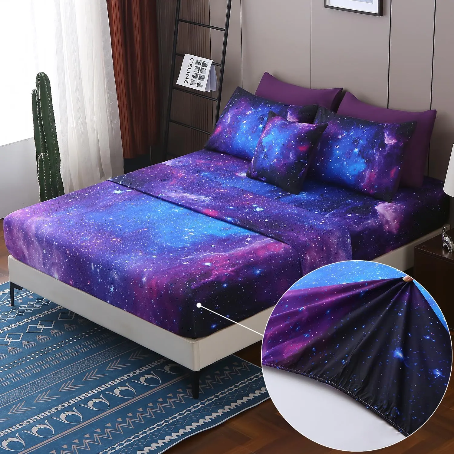 JQinHome Queen Galaxy Purple Comforter Sets Blanket,6 Piece Bed in A Bag 3D Outer Space Themed Bedding, All-Season Reversible Quilted Duvet, for Children Boy Girl Teen Kids(Blue Purple)