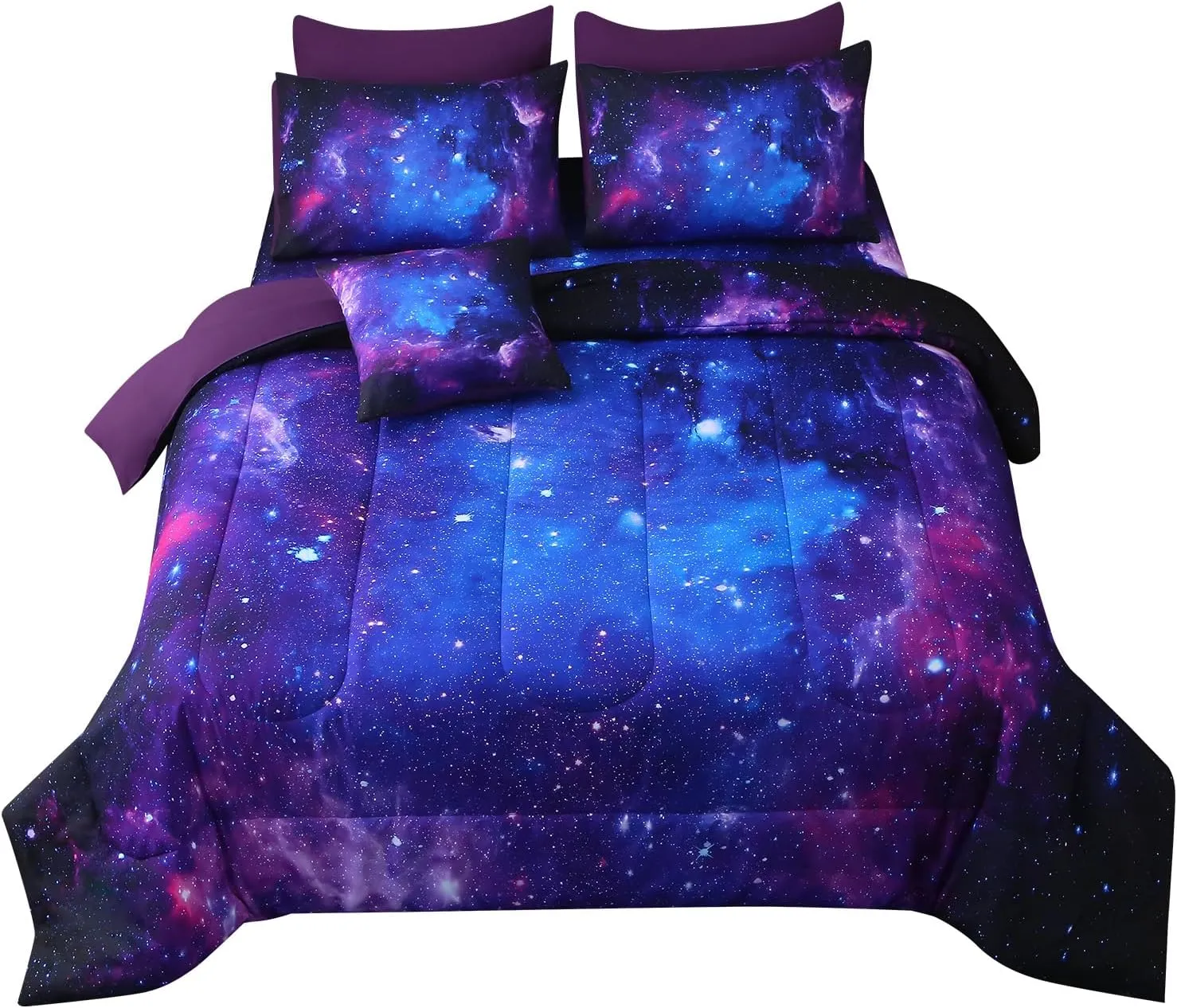 JQinHome Queen Galaxy Purple Comforter Sets Blanket,6 Piece Bed in A Bag 3D Outer Space Themed Bedding, All-Season Reversible Quilted Duvet, for Children Boy Girl Teen Kids(Blue Purple)