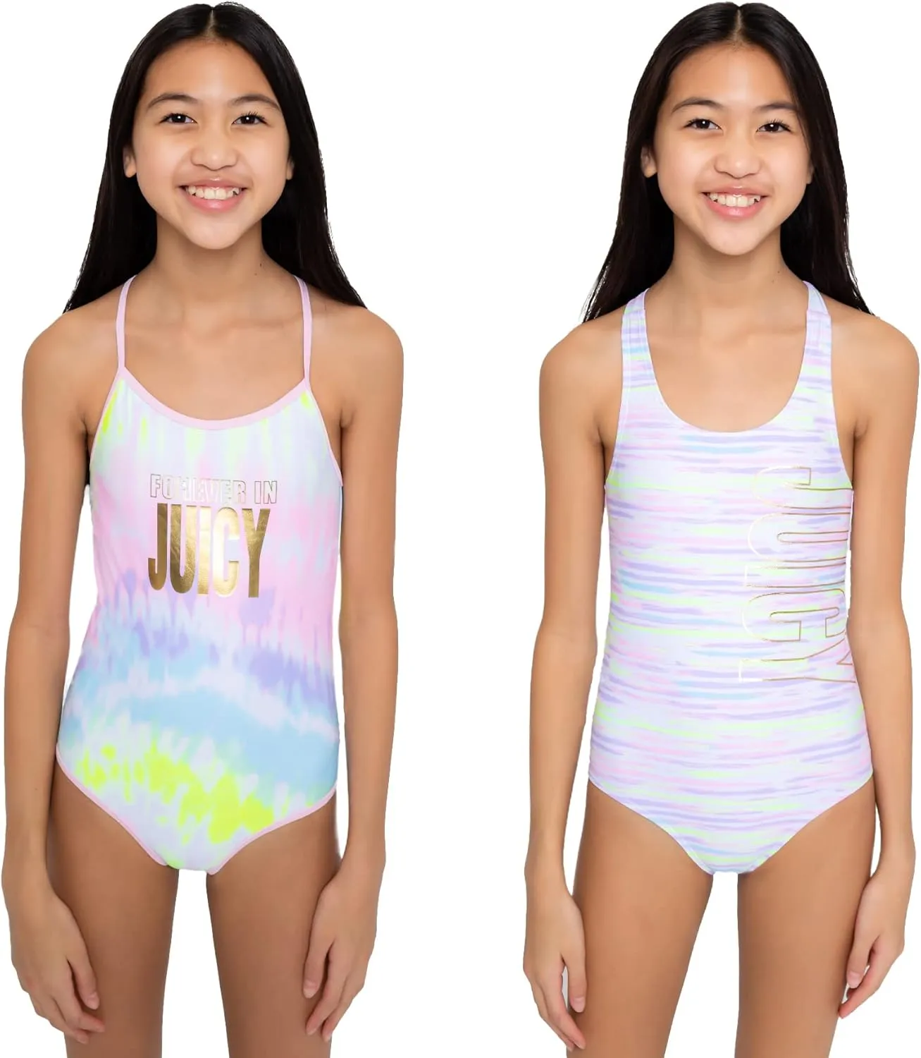 Juicy Couture Girls 2 Pack One Piece Swimsuit Set, Kids Bathing Suit Swimwear, Cute Ombre/Tie Dye/Tropical Print Beach Wear