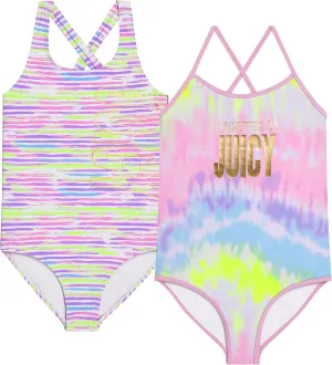 Juicy Couture Girls 2 Pack One Piece Swimsuit Set, Kids Bathing Suit Swimwear, Cute Ombre/Tie Dye/Tropical Print Beach Wear