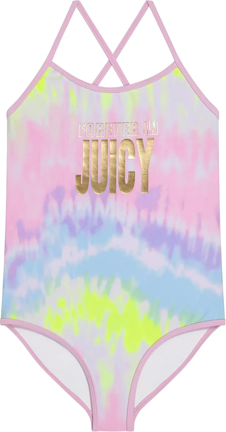 Juicy Couture Girls 2 Pack One Piece Swimsuit Set, Kids Bathing Suit Swimwear, Cute Ombre/Tie Dye/Tropical Print Beach Wear