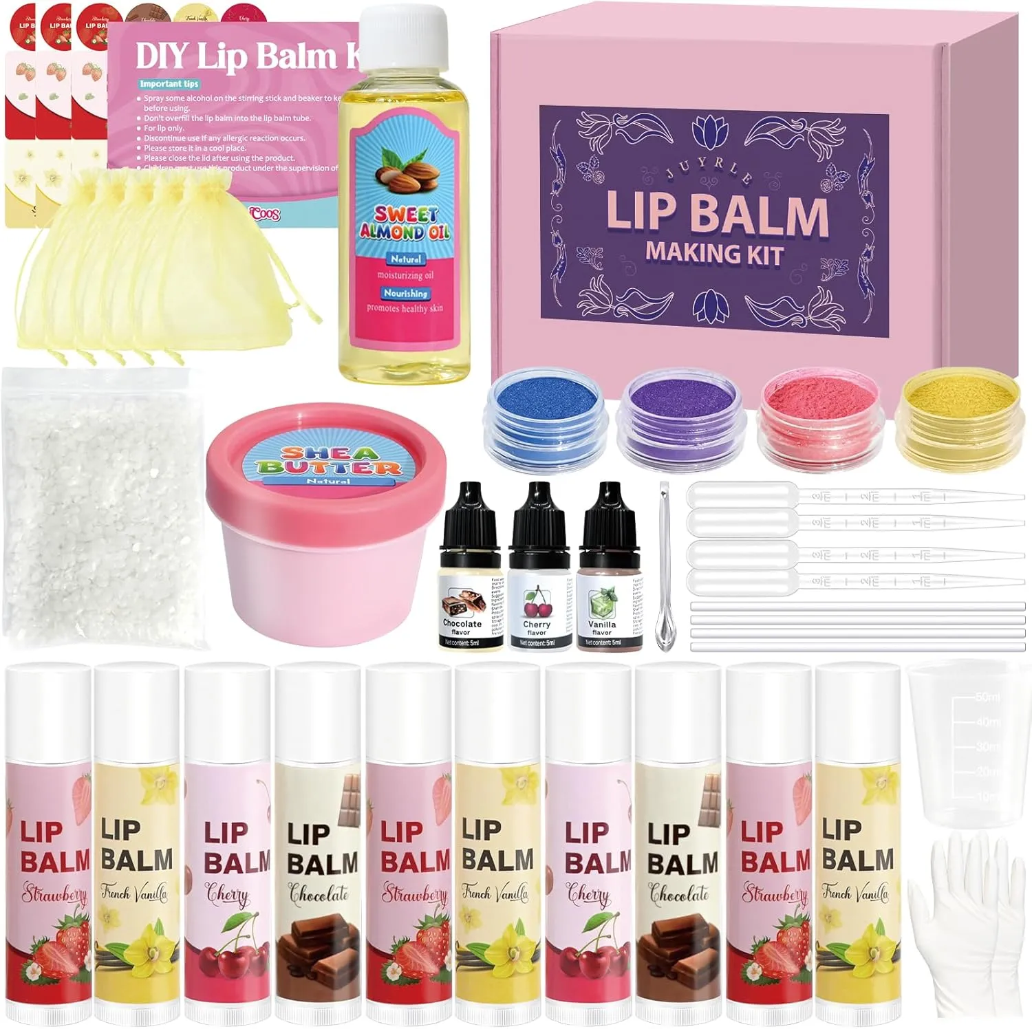 JUYRLE Lip Balm Making Kit- DIY Lip Gloss Kit for Girls, Make Your Own Lip Balm Making Kit with Natural Beeswax, Lip Balm Containers, DIY Lip Care Kit Gifts for Adults Kids