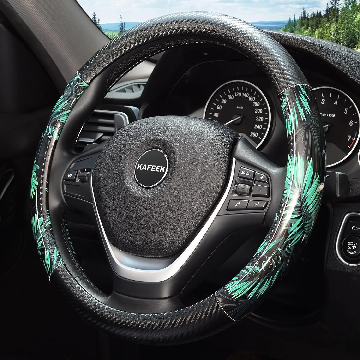 KAFEEK Steering Wheel Cover,Universal 15 inch, Microfiber Leather and Breathable Carbon Fiber, Anti-Slip, Odorless, Green Tropical Rainforest