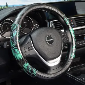 KAFEEK Steering Wheel Cover,Universal 15 inch, Microfiber Leather and Breathable Carbon Fiber, Anti-Slip, Odorless, Green Tropical Rainforest