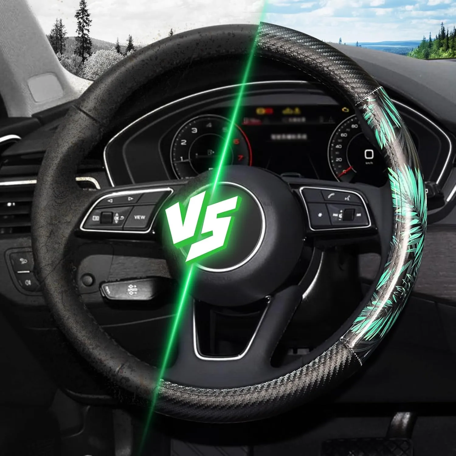 KAFEEK Steering Wheel Cover,Universal 15 inch, Microfiber Leather and Breathable Carbon Fiber, Anti-Slip, Odorless, Green Tropical Rainforest