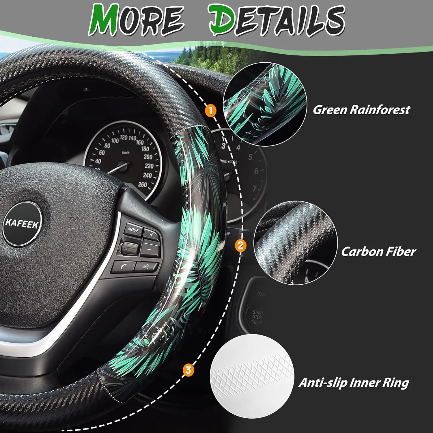 KAFEEK Steering Wheel Cover,Universal 15 inch, Microfiber Leather and Breathable Carbon Fiber, Anti-Slip, Odorless, Green Tropical Rainforest
