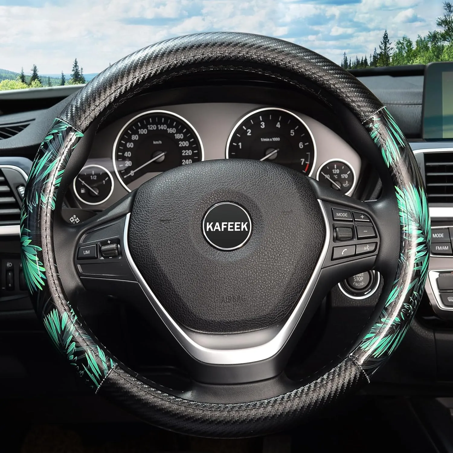 KAFEEK Steering Wheel Cover,Universal 15 inch, Microfiber Leather and Breathable Carbon Fiber, Anti-Slip, Odorless, Green Tropical Rainforest