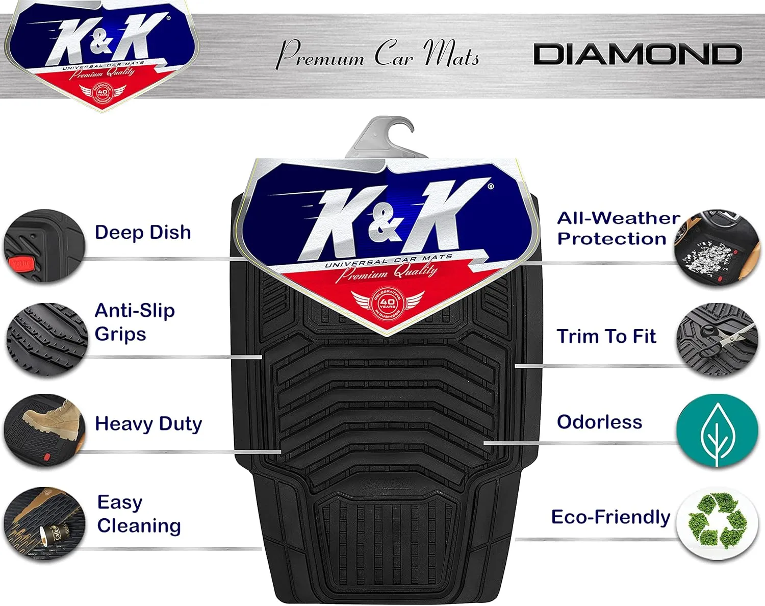 K&K Auto Accessories 3D Car Floor Mat Thick 8 Lb Heavy Duty Durable Universal Diamond Black Deep Dish for Cars SUVs Minivan Truck