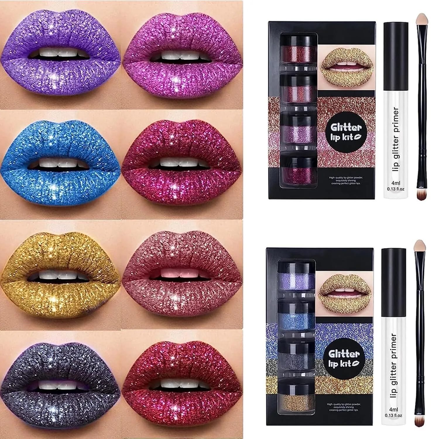 Kawaii Makeup, Kawaii Kisses Glitter Lip Kit, 4 Colors Glitter Lip Kit Gloss, Glitter Lips, Glitter Lipstick with Lip Primer and Brush, Kawaii Kisses Glitter Lip Kit Sugar Plum (A B)