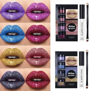 Kawaii Makeup, Kawaii Kisses Glitter Lip Kit, 4 Colors Glitter Lip Kit Gloss, Glitter Lips, Glitter Lipstick with Lip Primer and Brush, Kawaii Kisses Glitter Lip Kit Sugar Plum (A B)