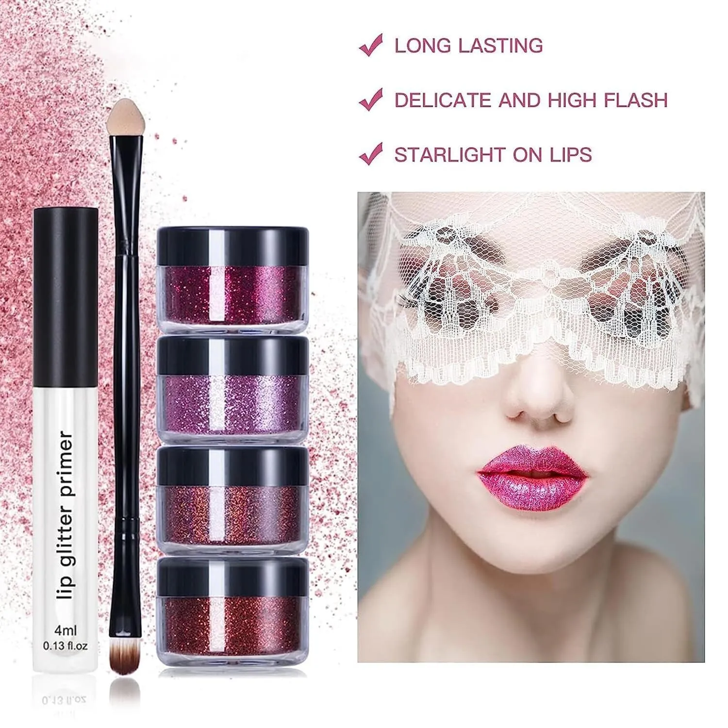 Kawaii Makeup, Kawaii Kisses Glitter Lip Kit, 4 Colors Glitter Lip Kit Gloss, Glitter Lips, Glitter Lipstick with Lip Primer and Brush, Kawaii Kisses Glitter Lip Kit Sugar Plum (A B)