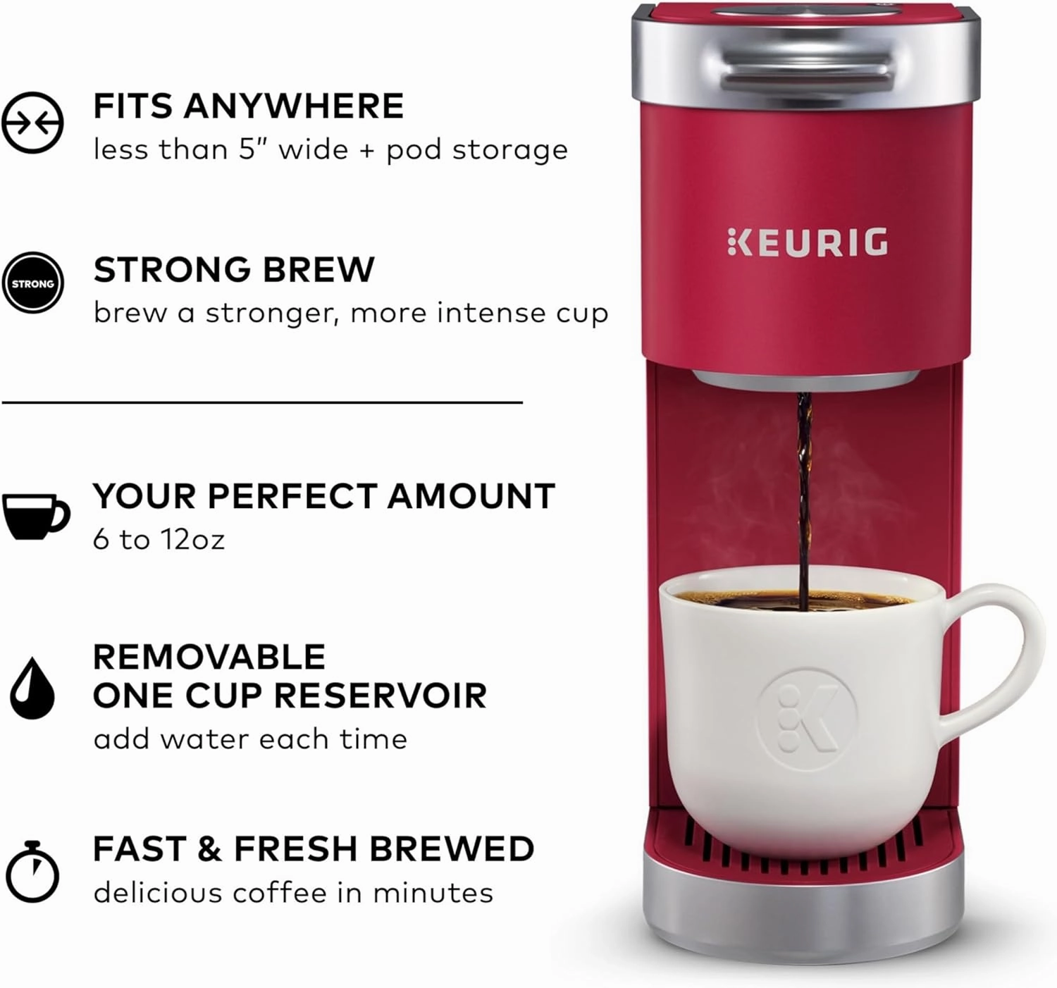 Keurig K-Mini Plus Single Serve K-Cup Pod Coffee Maker, with 6 to 12oz Brew Size, Stores up to 9 K-Cup Pods, Travel Mug Friendly, Cardinal Red