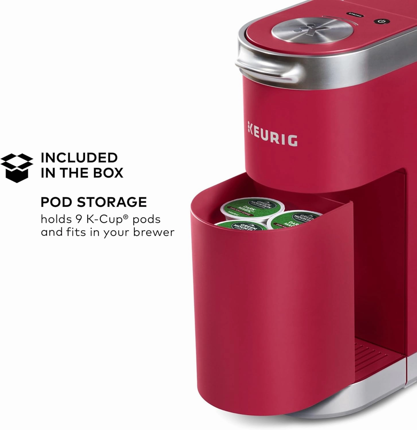 Keurig K-Mini Plus Single Serve K-Cup Pod Coffee Maker, with 6 to 12oz Brew Size, Stores up to 9 K-Cup Pods, Travel Mug Friendly, Cardinal Red