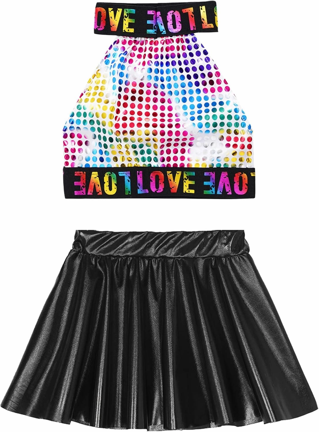Kid Girls Shiny Hip Hop Jazz Dance Outfits Ballet Dance Crop Top with Skort Skirt Latin Samba Rumba Dance Dress Costume