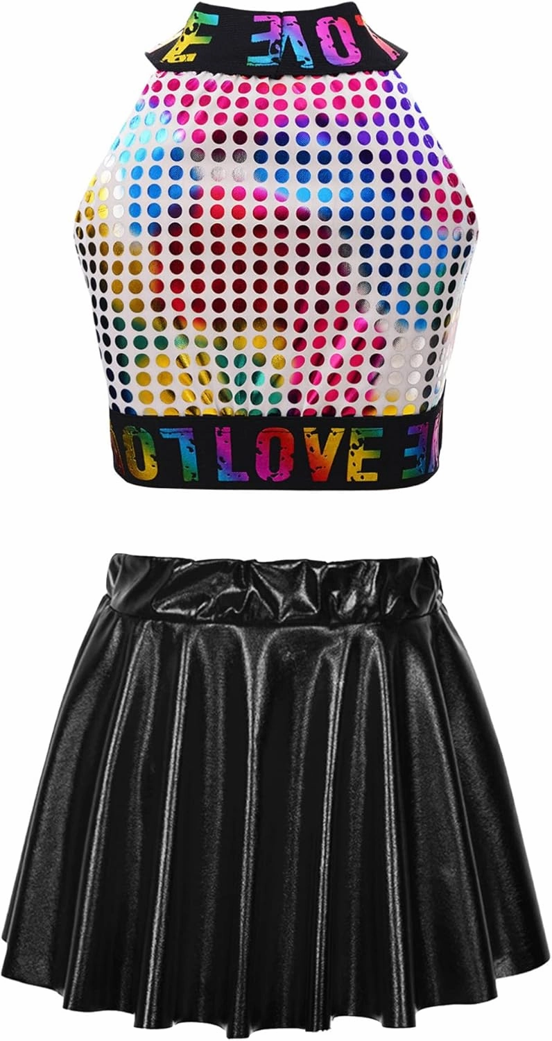 Kid Girls Shiny Hip Hop Jazz Dance Outfits Ballet Dance Crop Top with Skort Skirt Latin Samba Rumba Dance Dress Costume