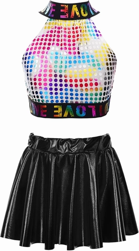 Kid Girls Shiny Hip Hop Jazz Dance Outfits Ballet Dance Crop Top with Skort Skirt Latin Samba Rumba Dance Dress Costume