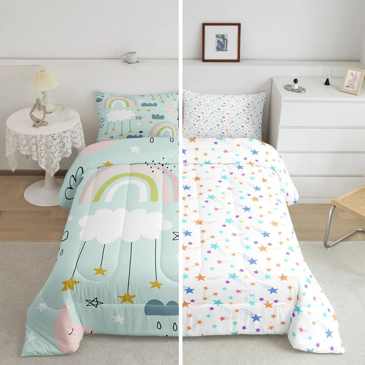 Kids Kawaii Comforter Set For Girls Boys Twin Rainbow Moon Stars Comforter Set Cute Cartoon Cloud Bedding Comforters Scandinavian Style Doodle Quilt Duvet Sets Children Bedroom Decor 1 Pillow Case